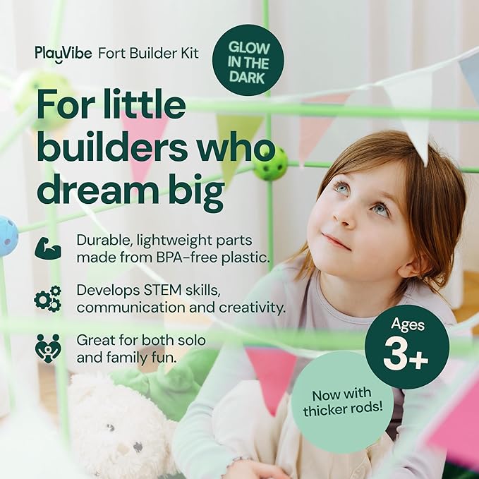 PLAYVIBE Glow in The Dark Fort Building Kit - Blue, 130 Pieces - STEM Learning with STEM Toys - DIY Clubhouse Construction - Indoor & Outdoor Play with Indoor Fort Building Kit
