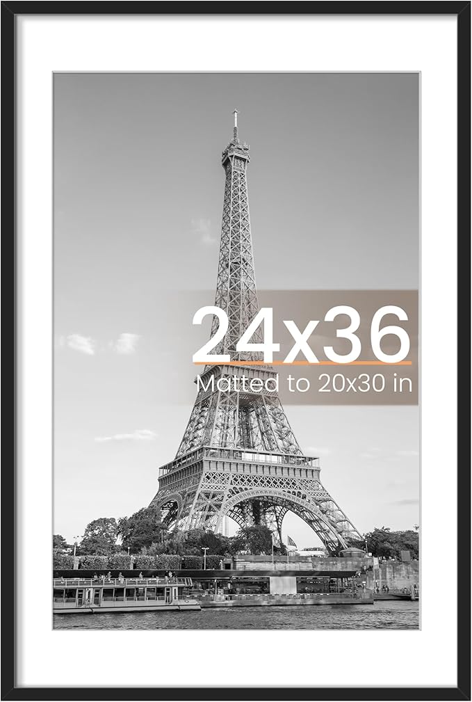 upsimples 24x36 Poster Frame, Display Pictures 20x30 with Mat or 24 x 36 Without, Wall Hanging Picture Frames, Black, 1 Pack