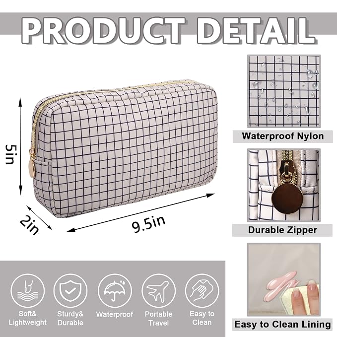 Small Makeup Bag Pouch for Purse，Nylon Travel Toiletry Storage Bag Preppy Checkered Cosmetic Bag for Women Girls，Waterproof Makeup Organizer Bag Pouch Skincare Bag with Zipper (Small-Checkered)