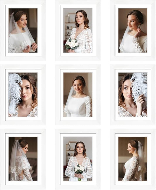 5x7 Picture Frame Set of 9, Display Pictures 4x6 with Mat or 5x7 without Mat, Multi Collage Gallery Square Photo Frames for Wall or Tabletop, White
