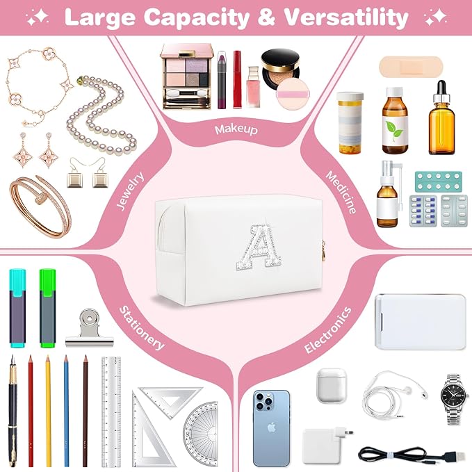 Bride Gifts – Personalized Initial Makeup Bag with Pearl Rhinestone Patch, Preppy White Monogram Cosmetic/Toiletry Pouch, bridesmaid Gifts, Bridal Shower Gifts, Wedding Gifts, Bridal Gifts,A