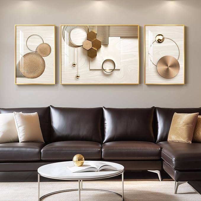 Large Framed Modern Luxury Gold Wall Art for Living Room, 3 Piece Bright Style Art Prints Wall Paintings Artwork for Walls, Bronze Gold Geometric Pictures for Dining Room Bedroom Office Wall Decor