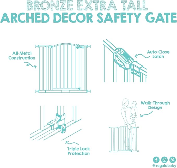 Regalo Easy Step Extra Tall Arched Décor Walk Thru Baby Gate, Includes 4-Inch Extension Kit, 4 Pack Pressure Mount Kit and 4 Pack Wall Mount Kit, Bronze, 36-Inches Tall (Pack of 1)
