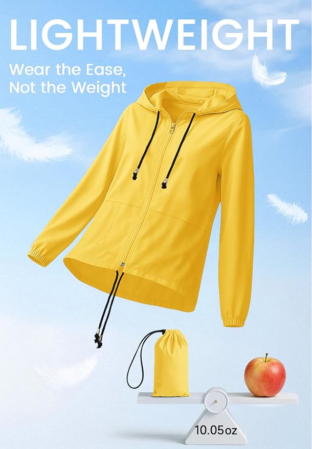 Zando Lightweight Rain Jacket Women Packable Waterproof Raincoat with Hood | Windbreaker Jacket Women, Light Raincoats for Drizzle, Rain Coats for Travel, Hiking and Commute