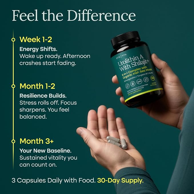 Urolithin-A Complex w Shilajit, Organic Sea Moss, Ashwagandha & Tongkat Ali, Natural Energy, Libido, Hormone Balance, and Focus for Men & Women (Made in USA - 3rd Party Tested)