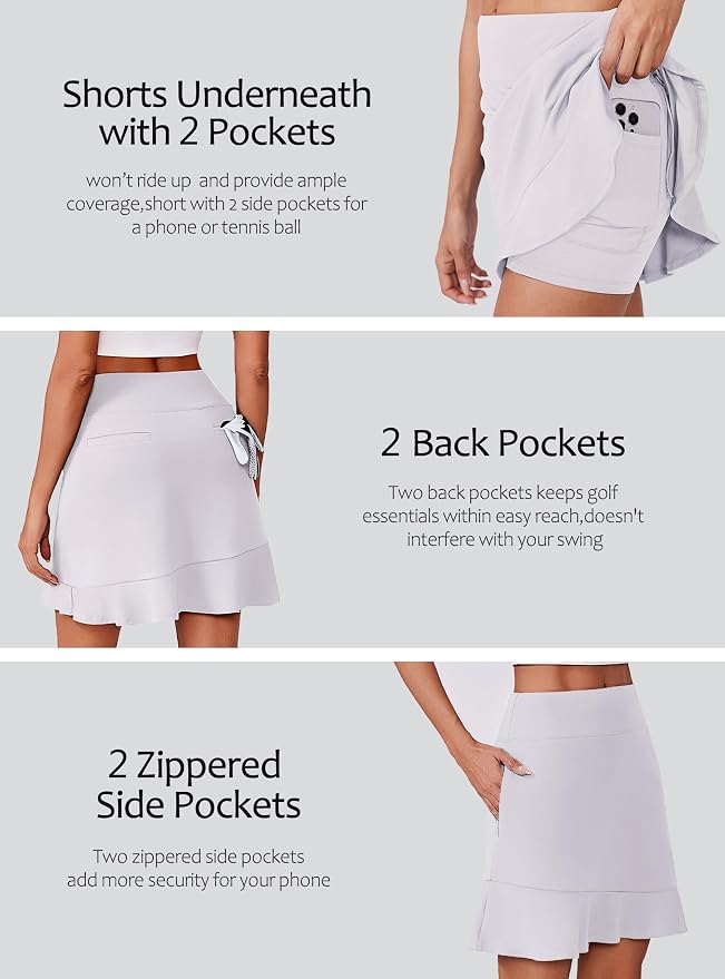 PINSPARK 18" Golf Skorts for Women with 6 Pockets Ruffle Athletic Skort | Above the Knee,High Waist,UPF 50+,4-way Stretch,Lightweight,Ruffle Hem,Tennis,Casual,Work,Pickleball