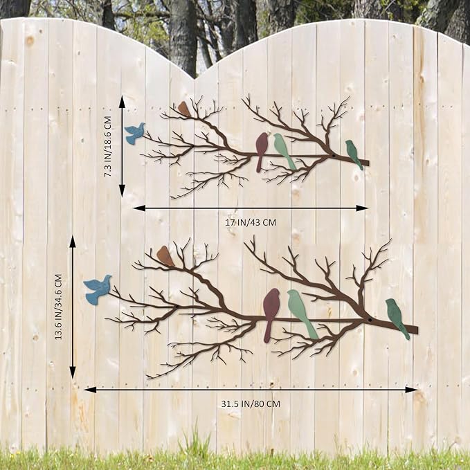 ESTART Metal Birds Wall Art, Metal Vivid Birds on Branch Silhouette Wall Decor Leaves with Bird Outdoor Hanging Wall Sculpture for Living room Bedroom Balcony Garden (Colorful, Large)