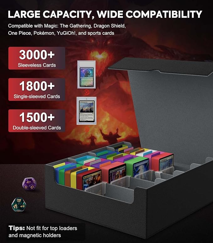MoKo Trading Card Storage Box, 3000+ MTG Deck Box with 24 Colorful Dividers & 4 Card Supporters, Commander Card Deck Case Fits for Magic Game Cards, YugiOh, TCG, PTG and Sport Cards, Black Grey