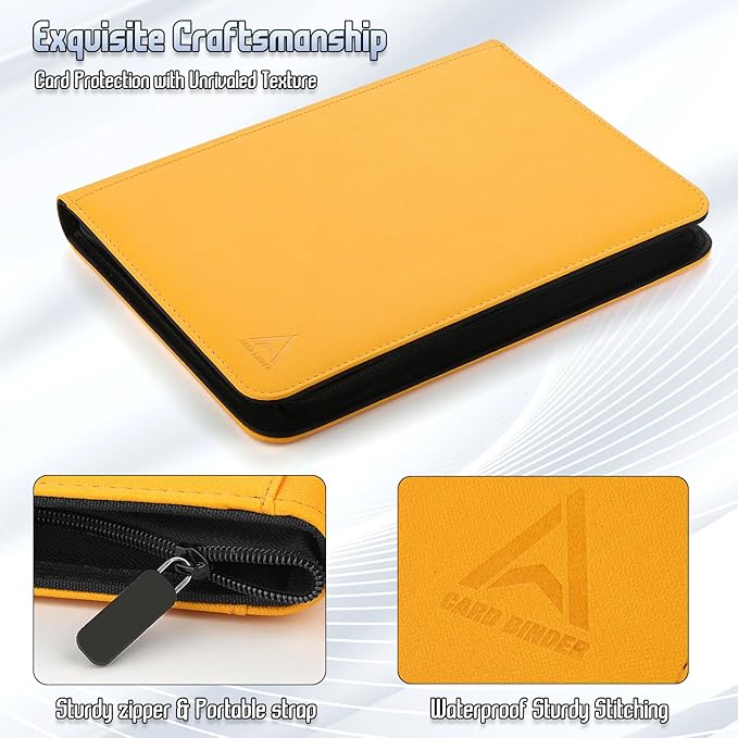 Arkeiliy Card Binder 9 Pocket, Double Sided Pockets Trading Card Binder with 30 Sleeves, Premium Zip Trading Card Holder Collector Album Holds 540 MTG (yellow)