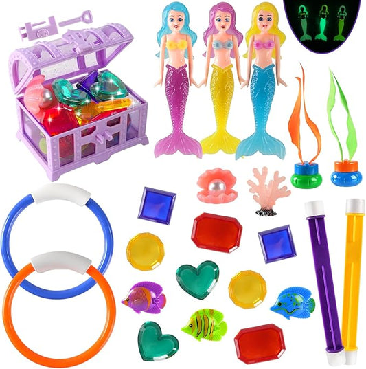 AMZFAVOR Diving Pool Toys for Kids Ages 4-12, 27 Pcs Mermaid Pool Toys with Gem Pirate Treasure and Chestand Storage Bag, Swimming Training Game Toy Summer Beach Party Gifts for Boys Girls Toddlers