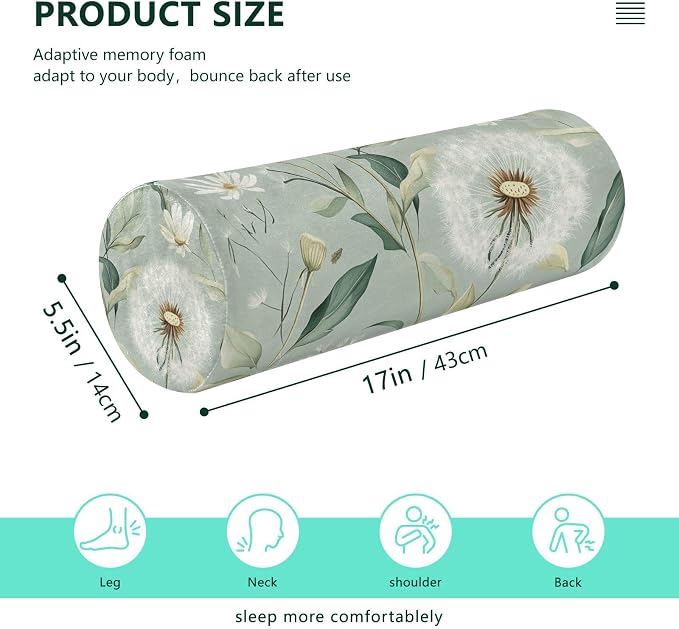 Sage Green Dandelion Neck Roll Pillow Bolster Round Health Memory Foam Long Cervical Cylinder Pillows with Removable Washable Cover for Body Bed Legs Back Yoga