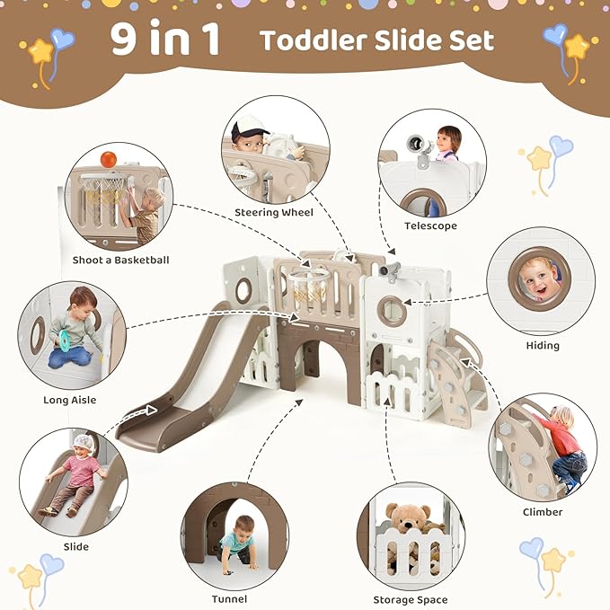 Arlopu 9 in 1 Toddler Slide Set, Kids Large Climber Slide Playset w/Long Slope, Telescope, Storage Space, Enclosed Steps, Indoor Outdoor Playground (Beige & Brown)