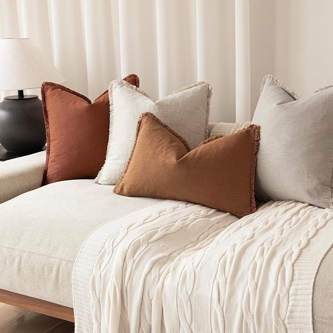 Foindtower Set of 2 Decorative Linen Fringe Throw Pillow Covers Cozy Boho Farmhouse Cushion Cover with Tassels Soft Accent Pillowcase for Couch Sofa Bed Living Room Home Decor,16×16 Inch,Orange Brown