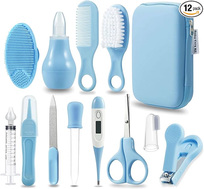 PandaEar Baby Healthcare & Grooming Kit - Baby Safety Set Comb, Brush, Finger Toothbrush, Nail Clippers, Scissors, Nasal Aspirator - Nursery Care Kit (Blue)