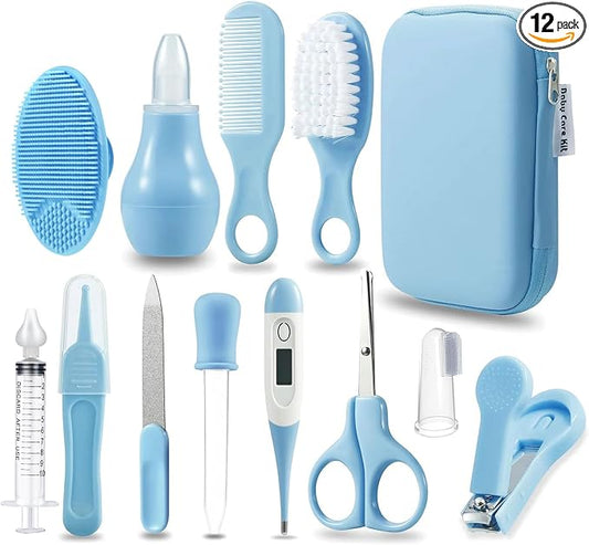 PandaEar Baby Healthcare & Grooming Kit - Baby Safety Set Comb, Brush, Finger Toothbrush, Nail Clippers, Scissors, Nasal Aspirator - Nursery Care Kit (Blue)