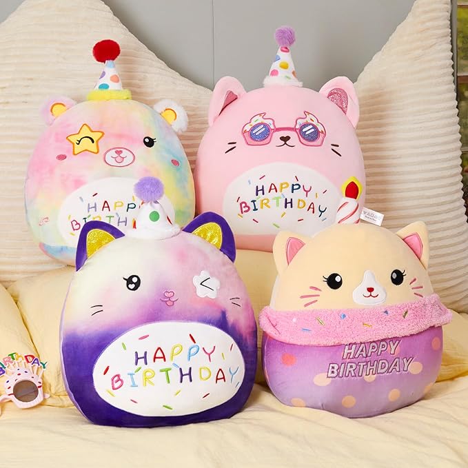 Athoinsu 12" Happy Birthday Cat Plush Pillow Cute Rainbow Stuffed Animal Soft Kawaii Birthday Plushie Star Wink Funny Pillows Home Room Decoration Gifts for Toddlers Kids Girls