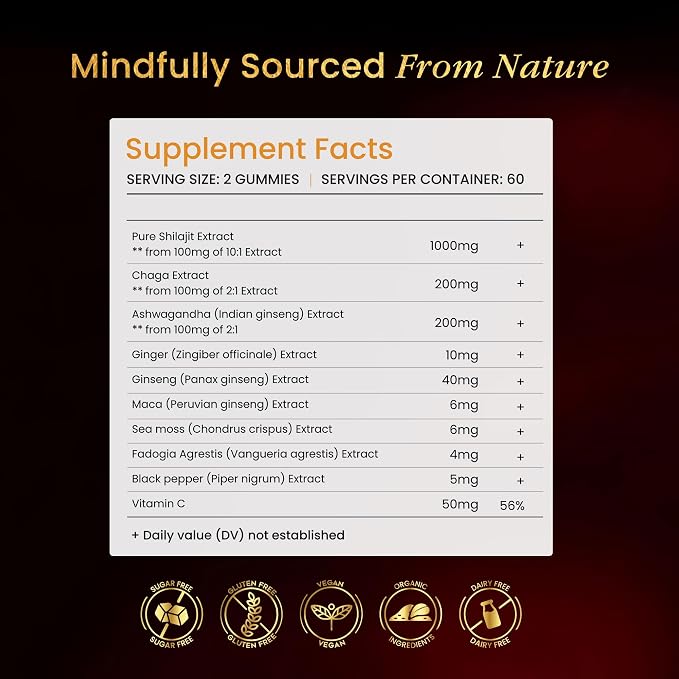 Shilajit Gummies for Men and Women, 3000mg Gold Himalayan Shilajit Blend with Ashwagandha, Sea Moss & Fulvic Acid, Energy & Stamina Support, 85+ Trace Minerals, 60 Count