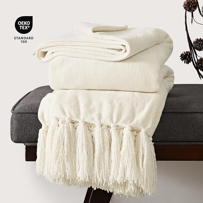 Chenille Knit Throw Blanket for Couch, 60"x80", Ivory White | Cozy Plush Fuzzy Knittd Throw with Tassels, Lightweight, Decorative, Farmhouse Decor, Ideal for Bed Sofa Gift, All Seasons