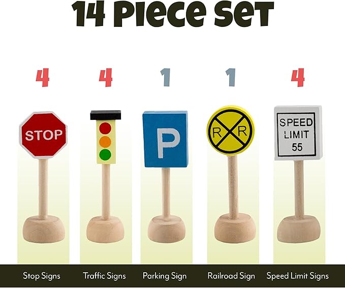 Kids Wooden Street Signs Playset (14-Piece Set), Wood Traffic Signs Perfect for Car & Train Set