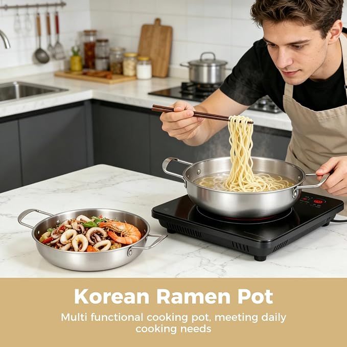 4Pcs Korean Ramen Pot Set,Stainless Steel Ramen Pot with Double Handles, 8.4-10.7 in Diameter Korean Noodle Pot Golden Soup Pots & Cooking Pots for Stove,Pasta,Soup (Silver)