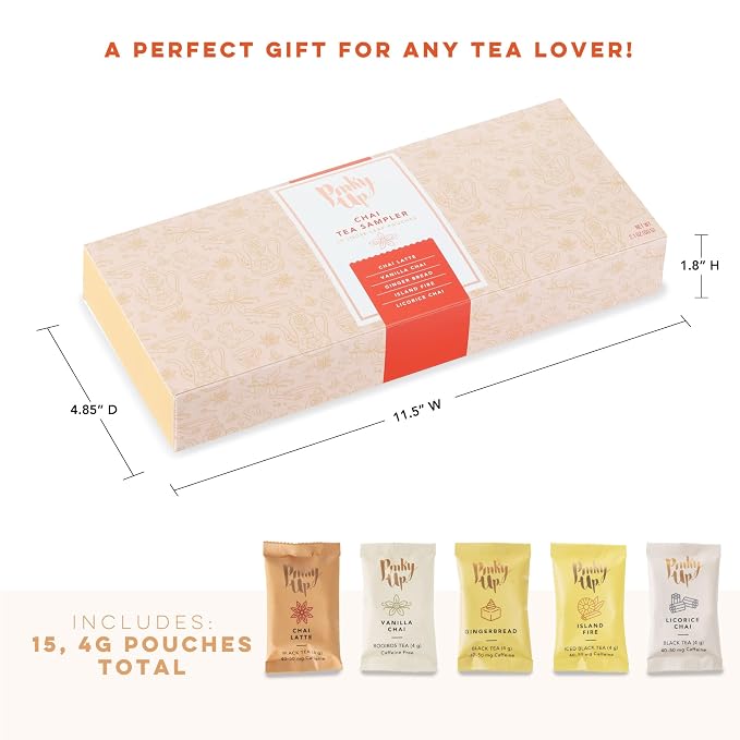 Pinky Up Chai Tea Gift Sampler, Variety Tea Packets of Flavored Tea, Loose Leaf Tea Sampler, Caffeinated Tea and Non-Caffeinated Tea Individual Packets