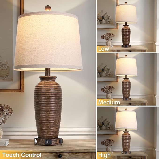 CINSARY 25" Retro Walnut Brown Farmhouse Jar Table Lamps Set of 2, 3 Way Touch Control Rustic Bedside Lamps with USB A+C Ports & AC Outlet, Pot Nightstand Lamps for Bedroom Living Room