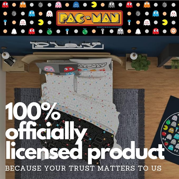 Pac-Man Gaming Bedding 7 Piece Super Soft Cozy Reversible Comforter and Sheet Set with Sham, Full, (Officially Licensed Product) by Franco