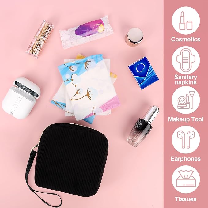 Corduroy Period Pouch with Strawberry Charm Discreet Sanitary Napkin Storage Bag Cute Menstrual Pad Pouch Tampon Bag for Purse Wristlet Makeup Bags Black