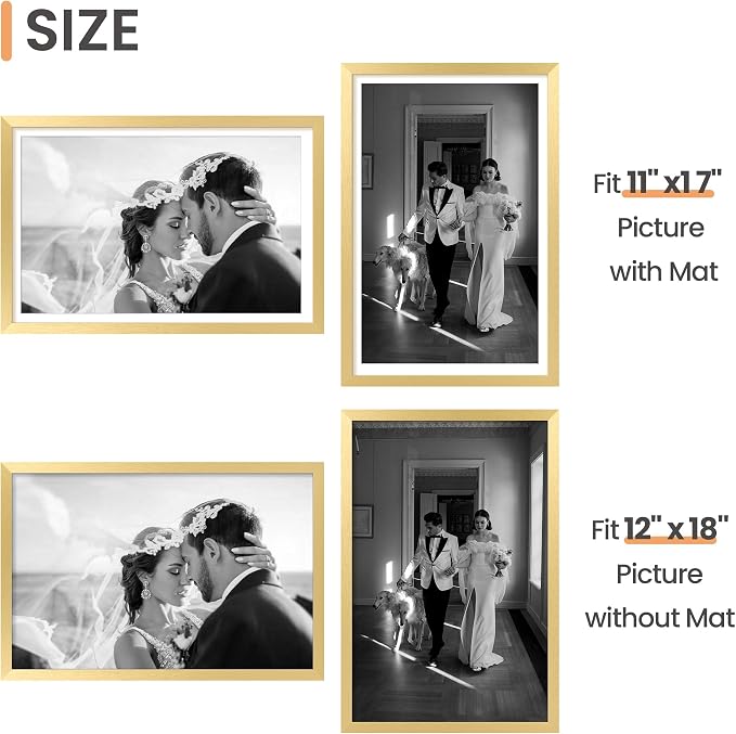 upsimples 12x18 Picture Frame, Display Pictures 11x17 with Mat or 12 x 18 Without, Wall Hanging Poster Frames, Gold, 1 Pack