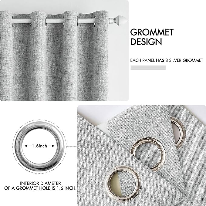 MIULEE 100% Blackout Linen Curtains for Bedroom Thermal Insulated Glacier Gray Grommet Room Darkening Curtains & Drapes for Living Room 52 x 96 Inch (2 Panels)