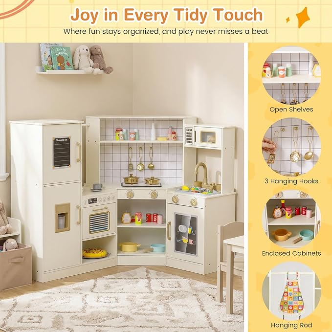 Costzon Kids Corner Play Kitchen, Pretend Play Kitchen Set w/Ice Dispenser, Stoves, Oven, Microwave, Dishwasher, Water Faucet & Accessories, Wooden Toy Kitchen Playset for Boys & Girls 3+