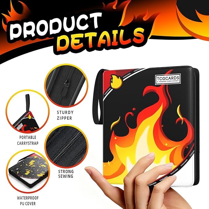 Trading Card Binder 4 Pocket,400 Pocket Card Collection Binder with 50 Removable Sleeves,PU Waterproof Top Card Book,3-Ring Zipper Collectible Trading Card Album for MTG/TCG/Card Holder Gift(Fire）