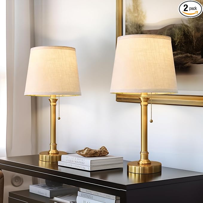 Oneach Modern Gold Brass Table Lamp Set of 2 for Bedroom Living Room 19.5'' Traditional Bedside Desk Nightstand Buffet Candlestick Samll Lamps with White Drum Shade