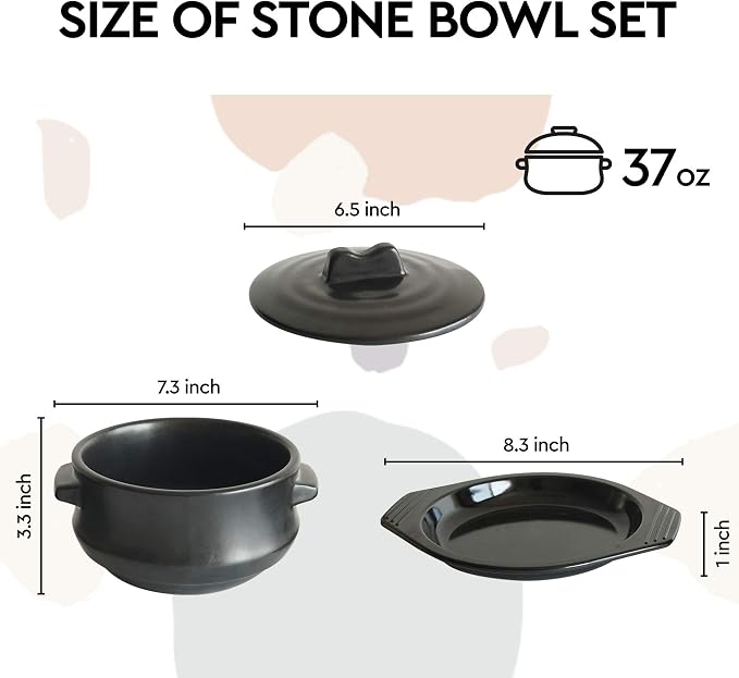 Premium Korean Stone Bowl with Lid and Tray Set, 37 oz Dolsot Hot Pot for Bibimbap and Soup, Sizzling Ceramic Cookware