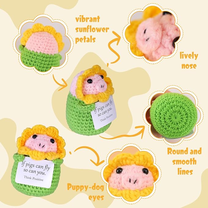 PARTY TONIGHT Cute Positive Crochet Animals Pig Gifts, Emotional Support Handmade Positive Crochet Gifts with Positive Affirmations Cards for Cheer Up Novelty Mini Funny Sunflower Pig Decor