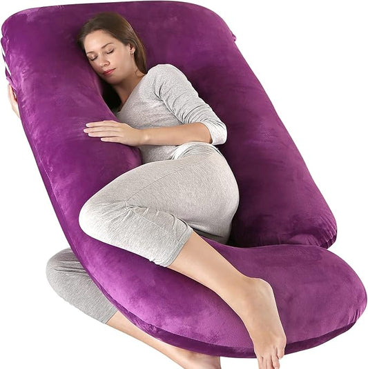 U-Shaped Full Body Pregnancy Pillow for Sleeping – 57" Maternity Pillow with Removable Cover, Support for Back, Legs, Belly & Hips (Velvet-Dark Purple)