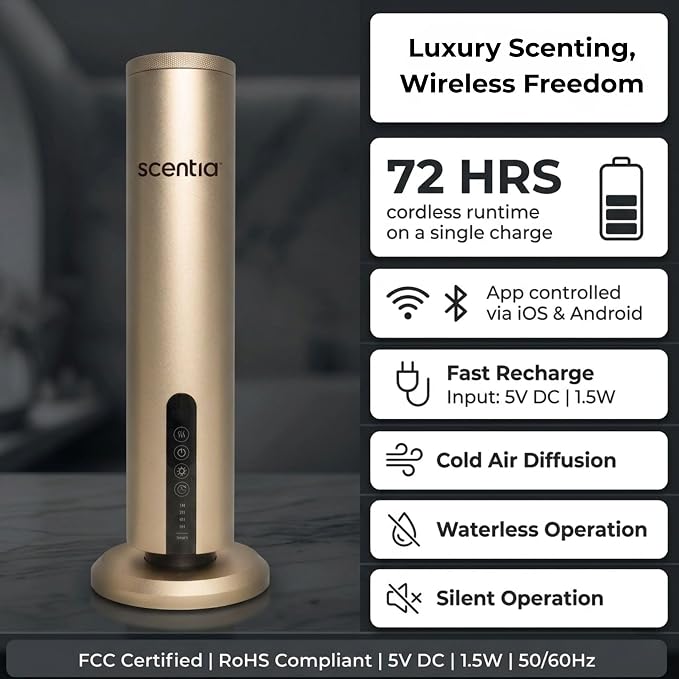 Scentia Wireless, Cold Air, Waterless Hotel Scent Diffuser for Home,Office or Spa Aromatherapy | Includes Premium USA-Made Oil Blend | App Controlled, | Covers 1500 Sq Ft | 72 Hrs in 1 Charging |Gold