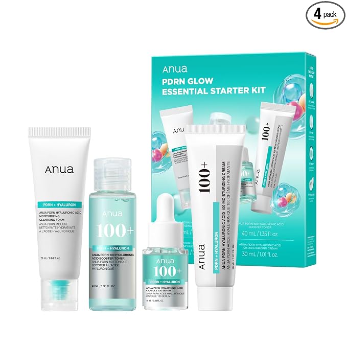 Anua Salmon DNA PDRN Glow Essential Starter Kit, Hyaluronic Acid Skincare Set, Glass Skin Routine with Firming & Hydrating Cleanser, Toner, Serum & Cream, Mini Travel Essentials, Korean Skincare Gift