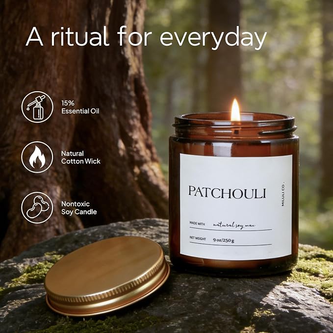 Patchouli Scented Soy Candle for Home, Natural Aromatherapy Candles with Essential Oils, Nontoxic Clean Burn, Strong Balanced Scent, 50 Hour Longlasting, Amber Jar Candel for Women Men(9oz)
