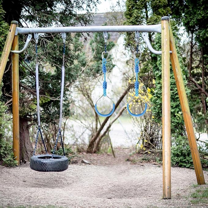 Ninja Warrior Obstacle Course Playset Ninja Ring Trapeze Swing Monkey Bar For Outdoor Indoor Jungle Gym, 4 Blue Monkey Rings Climb Fists Backyard Playground Training Equipment Gymnastic Fitness Fist