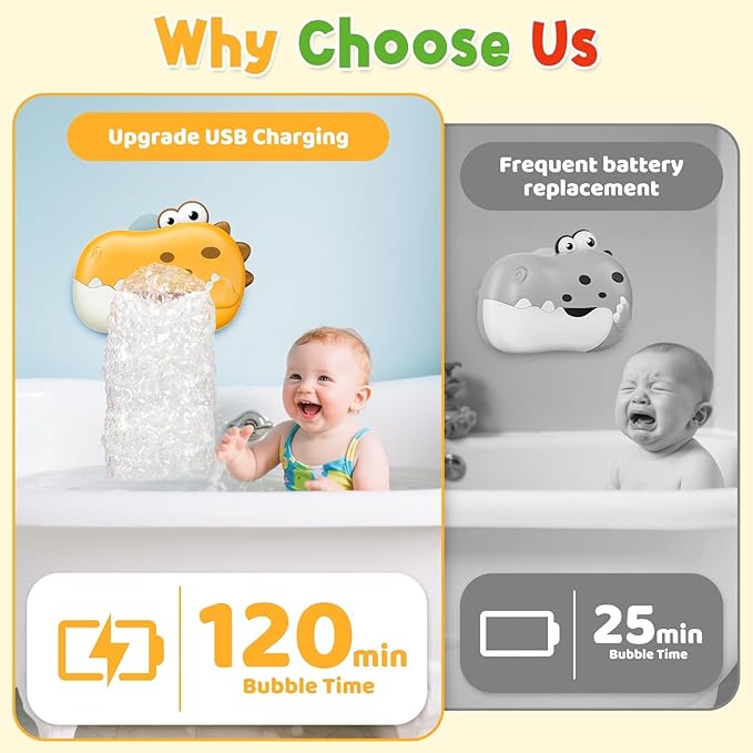 Baby Bath Toys, Rechargeable Dinosaur Bath Bubble Machine with Music, Bathtime Bathtub Toys for Toddlers Birthday Valentines Gifts, Bubble Maker Toys for Kids Ages 1-3 4-8 Baby Gifts (Yellow)