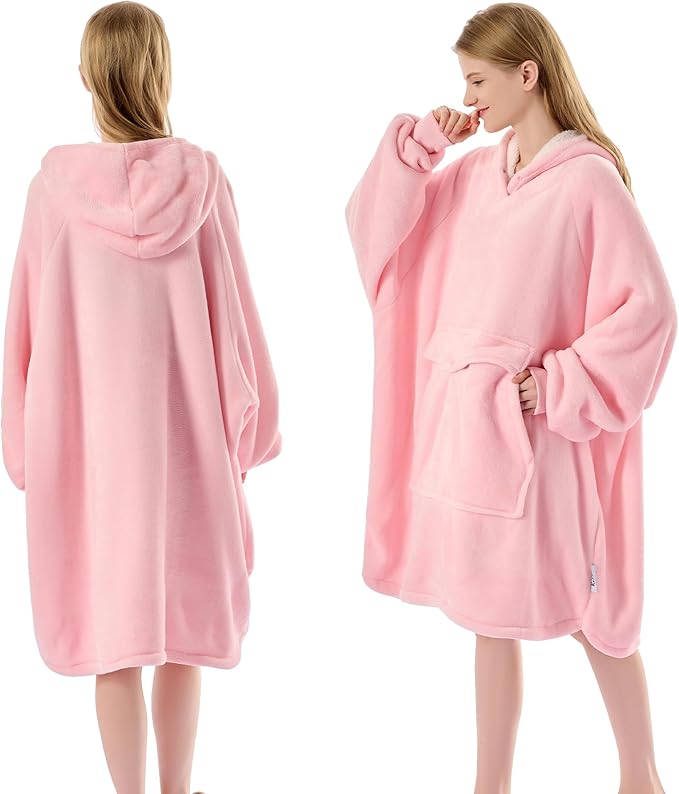 Krifey Wearable Blanket Hoodie, Oversized Sherpa Fleece Sweatshirt with Giant Pocket, Birthday Gifts for Women, Mom, Sister, Pink