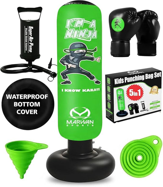 Marwan Sports 5-in-1 Inflatable Punching Bag for Kids – 63" Karate Toy Set with Boxing Gloves, Durable Fast Rebound, Active Play Christmas/Birthday Gift for Boys & Girls Ages 4-12