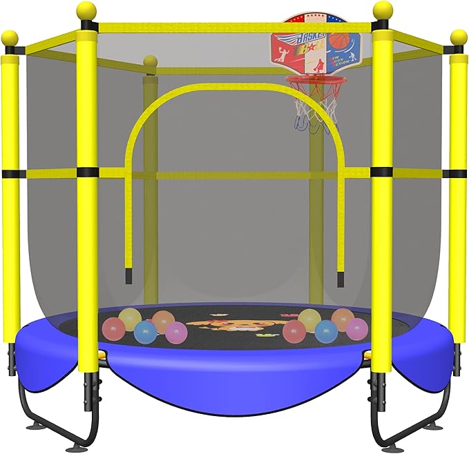 VGMiu 60" Trampoline for Kids, 5 FT Indoor & Outdoor Toddler Baby Trampoline with Basketball Hoop, Safety Enclosure, Birthday Gifts for Kids, Gifts for Boy and Girl, Age 3-8