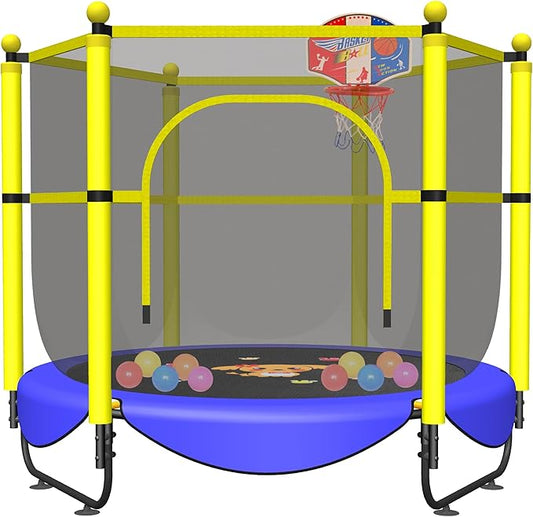 VGMiu 60" Trampoline for Kids, 5 FT Indoor & Outdoor Toddler Baby Trampoline with Basketball Hoop, Safety Enclosure, Birthday Gifts for Kids, Gifts for Boy and Girl, Age 3-8