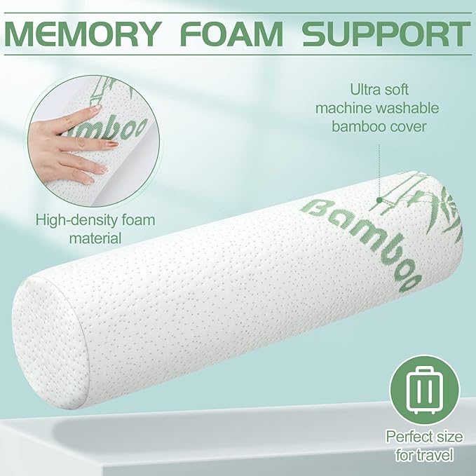 Bucherry 3 Pack Cervical Neck Roll Memory Foam Pillow Cylinder Bolster Pillow for Bed Round Neck Support with Removable Washable Cover for Sleeping Travel Yoga Legs Back Lumbar(18 x 4 Inches)