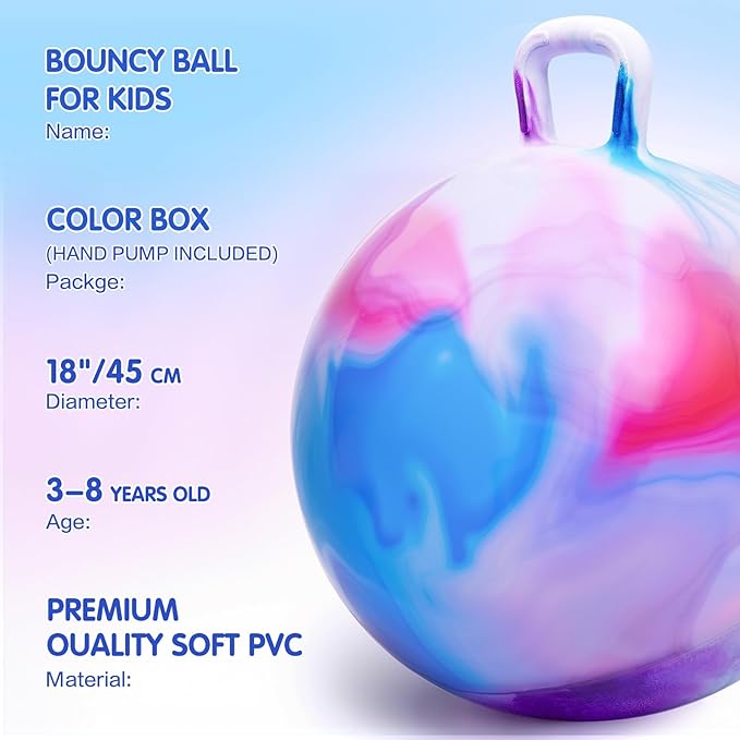 INPANY Hopper Ball, 18 Inches Bouncy Ball with Handles, Bouncing Bounce Balls Hopper, Inflatable Jumping Hopping Toys for Kids Ages 3-6, Hoppity Hop Girls Boys Gifts, Pump Included