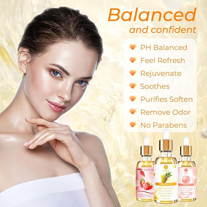 3 Packs Yoni Oil for Women - Feminine Care Oil - All Natural Vaginal Essential Oils, Reduces Odor, Restores pH Balance and Wetness, 1 fl oz/pc Strawberry Pineapple Peach Scent