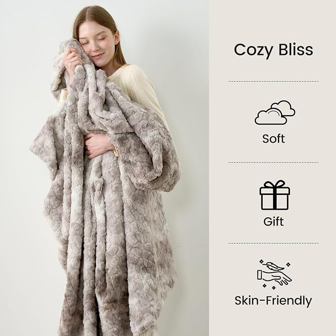 Cozy Bliss Faux Fur Throw Blanket for Couch, Fuzzy Soft Plush Thick Warm Fluffy Reversible Wave Textured Blanket for Sofa Bedroom Living Room, 55 * 70 Inches Tie-dye Grey