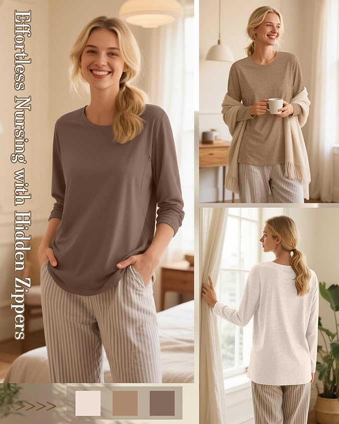 3 Pack Nursing Tops for Breastfeeding Maternity Shirts Zipper Long Sleeve Round Neck Knit Casual Nursing Clothes